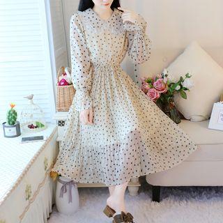 Long-sleeve Frill Trim Patterned A-line Midi Chiffon Dress