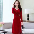 Long-sleeve Velvet Wrap A-line Dress
