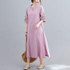 Embroidered Stand-collar Semi-sleeve Dress