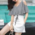 Set: Checked Cold Shoulder Elbow-sleeve Blouse + Lace Up High-waist Shorts