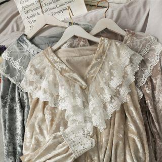 Ruffled Lace-trim Velvet V-neck Blouse
