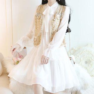 Tie-neck Long-sleeve A-line Dress / Tweed Sweater Vest / Set