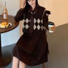 Set: Long-sleeve Pleated A-line Shirtdress + Sweater Vest