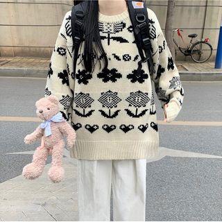Flower Print Sweater Milky White & Black - One Size