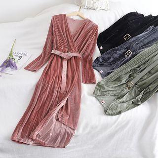 Velvet Wrap Long-sleeve Midi Dress