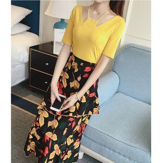 Set: Tie-neck Short-sleeve T-shirt + Layered Midi Skirt