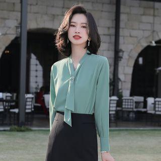 Tie-neck Chiffon Blouse / Dress Pants / Mini Pencil Skirt / Set