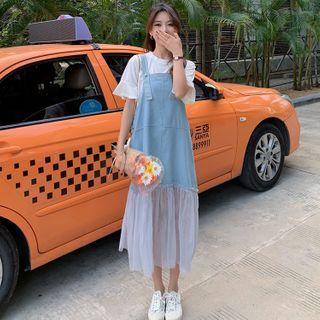 Set: Short-sleeve T-shirt + Midi A-line Denim Jumper Dress