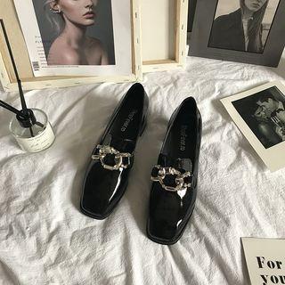 Square-toe Block Heel Rhinestone Loafers