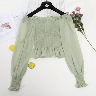 Off-shoulder Smocked Ruffle-trim Chiffon Top