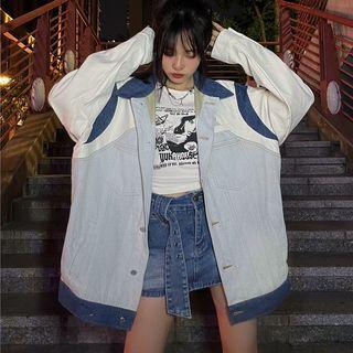 Long-sleeve Color Block Denim Oversized Jacket