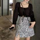 Long-sleeve Square-neck Cropped Top / Patterned A-line Mini Skirt