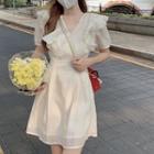Puff-sleeve V-neck Chiffon Dress