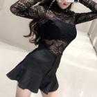Set: Lace Long-sleeve T-shirt + Ruffle Hem Mini A-line Skirt