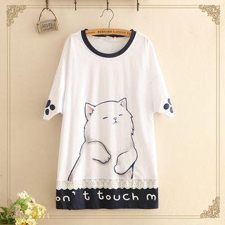 Cat Print Lace-hem Short-sleeve Top