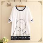 Cat Print Lace-hem Short-sleeve Top