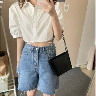 Puff-sleeve Crop Shirt / High Waist Denim Shorts