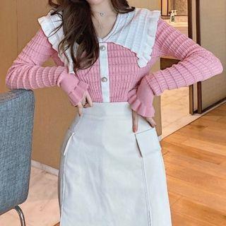 Ruffle Trim Collar Knit Top / Mini Pencil Skirt