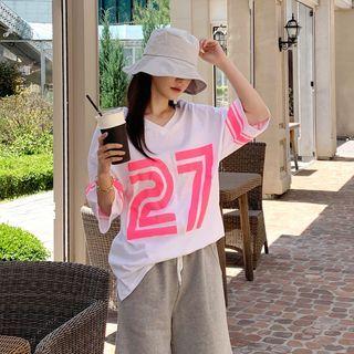 V-neck Letter Print Loose-fit T-shirt