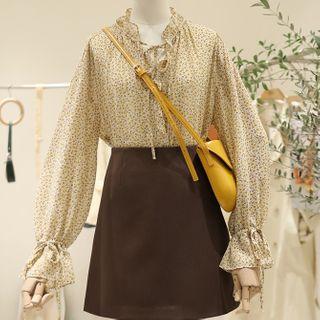 Long-sleeve Floral Print Blouse Almond - One Size