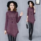 Fringe Hem Mock Neck Long Sweater