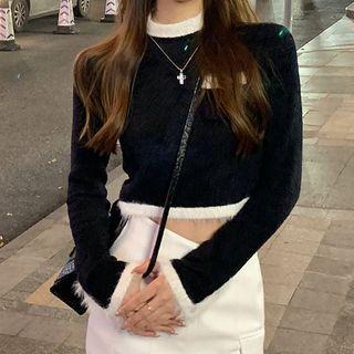 Contrast Trim Cropped Sweater Black & White - One Size