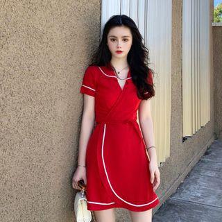 Short-sleeve Tie Waist Mini A-line Dress