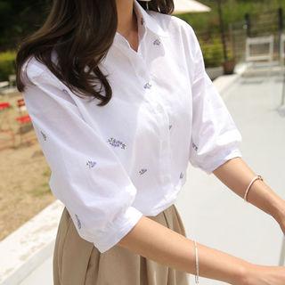 Elbow-sleeve Flower-embroidered Blouse