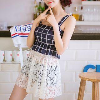 Set: Plaid Tankini Top + Swim Shorts + Lace Skirt