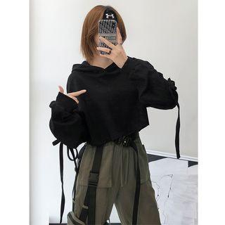 Drawstring-elbow Loose-fit Crop Hoodie Black - One Size