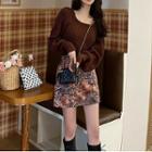 Lantern-sleeve Sweater / Floral Print Mini A-line Skirt
