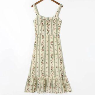 Spaghetti Strap Striped Floral Print Midi A-line Dress