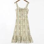 Spaghetti Strap Striped Floral Print Midi A-line Dress