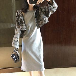 Plaid Woolen Bolero Jacket / Spaghetti Strap Dress