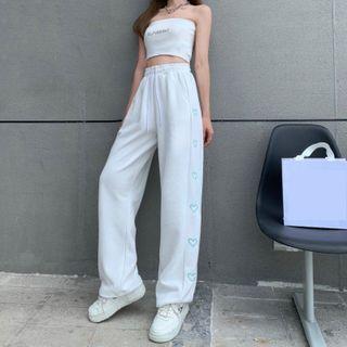 High-waist Heart Embroidered Wide-leg Pants