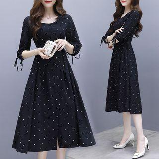 Dotted Lace Up Elbow-sleeve Midi A-line Dress