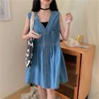 Sleeveless Single Breasted Denim Dress As Shown In Figure - One Size
