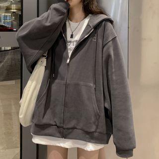 Plain Loose Fit Zip Up Hooded Jacket