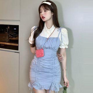 Puff-sleeve Plain Shirt / Spaghetti Strap Ruched Drawstring Mini Sheath Dress