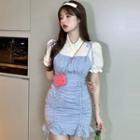 Puff-sleeve Plain Shirt / Spaghetti Strap Ruched Drawstring Mini Sheath Dress