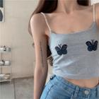 Butterfly Embroidered Faux-pearl Strap Slim-fit Camisole Top