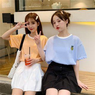 Fruit Embroidered Striped Elbow-sleeve T-shirt