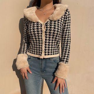 Fluffy Trim Houndstooth Print Button-through Cardigan