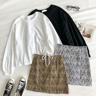 Plain Crewneck Drawcord Long-sleeve Top / Leopard High-waist A-line Skirt