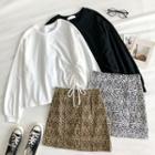 Plain Crewneck Drawcord Long-sleeve Top / Leopard High-waist A-line Skirt