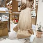Shirred Ruffled Silky Maxi Dress Beige - One Size