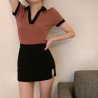 Short-sleeve Contrast Trim Polo Shirt / Mini Pencil Skirt