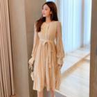 Long Sleeve Lace Panel Tie-waist Knit Dress