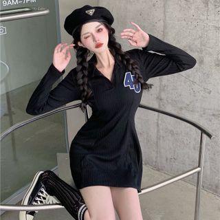 Long-sleeve Collared Numbering Mini Dress