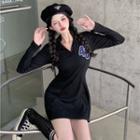 Long-sleeve Collared Numbering Mini Dress